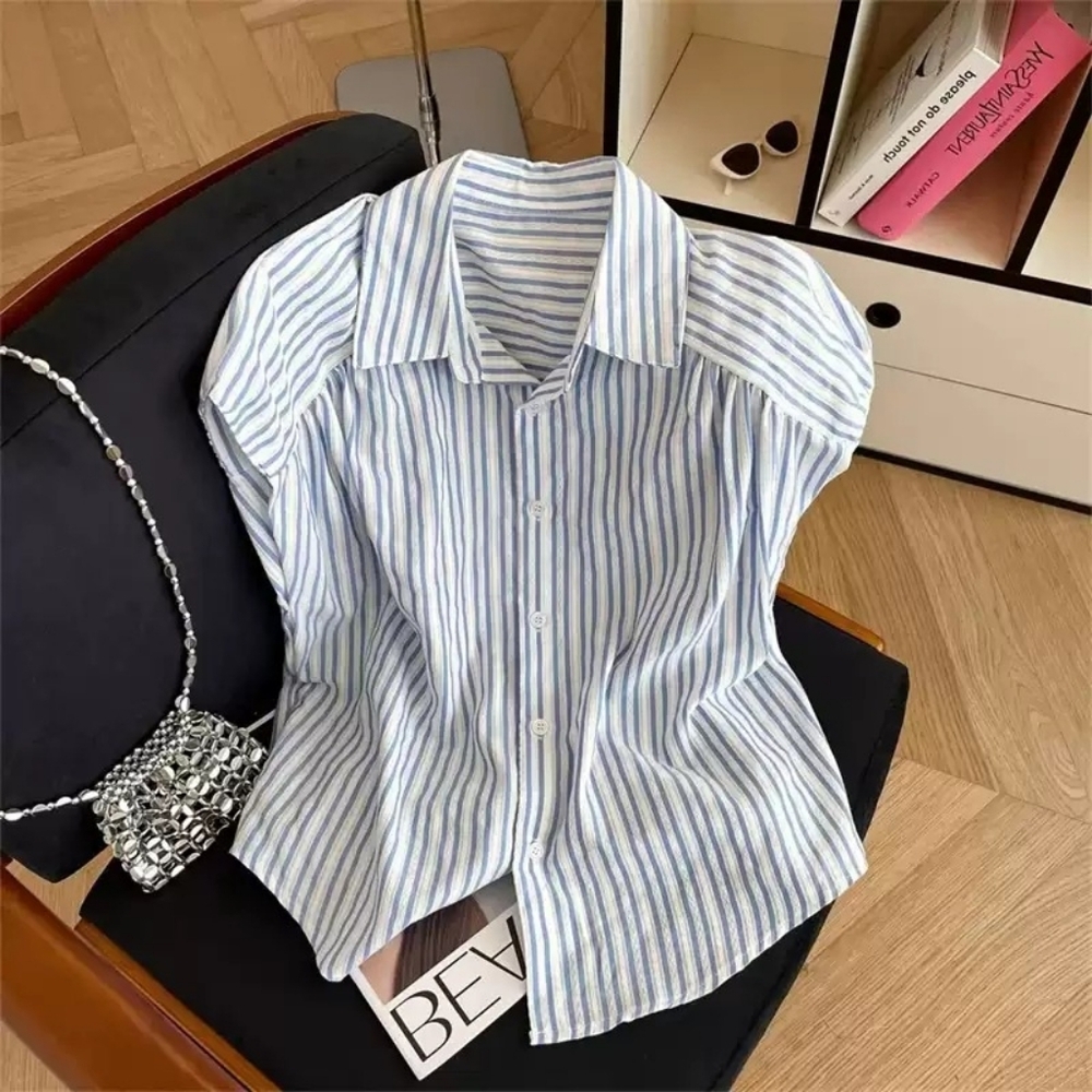 Blue Stripe Puff Shoulder Sleeveless Shirt